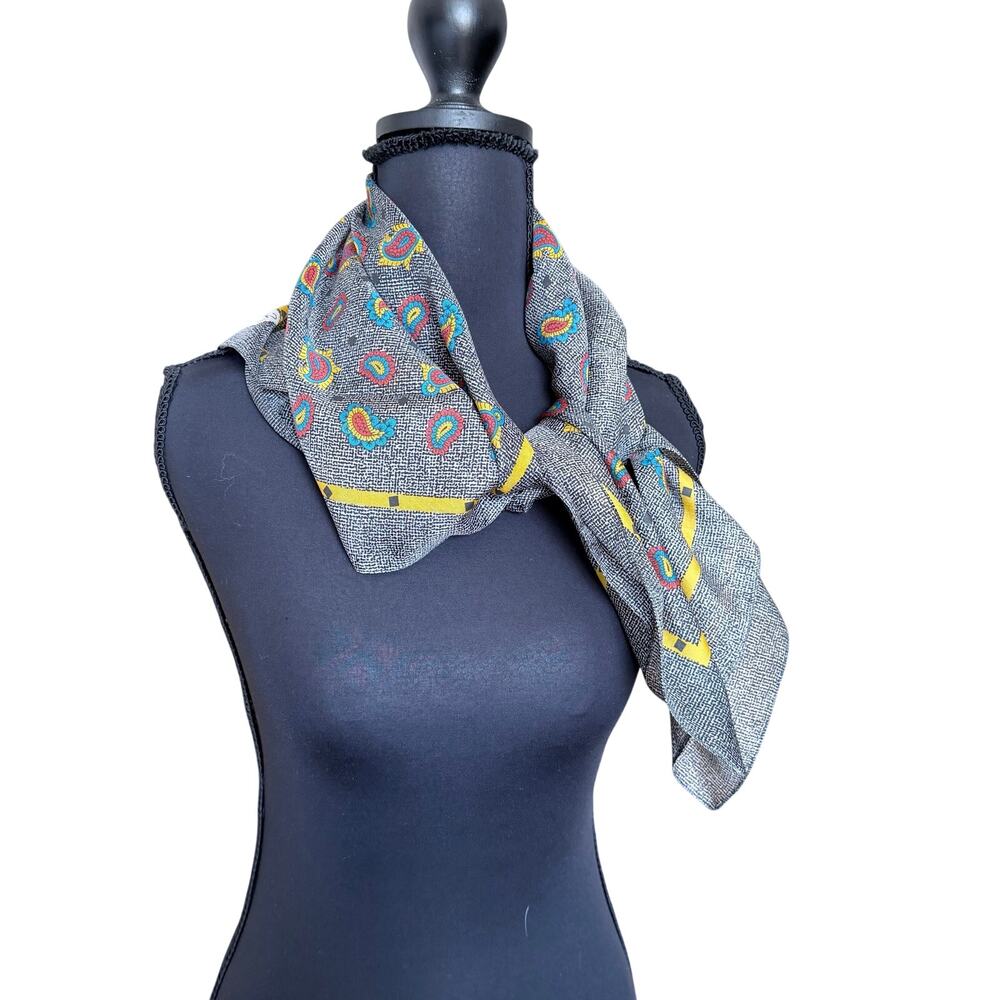 Vintage Sarah Coventry gray yellow red paisley geometric square scarf southwest